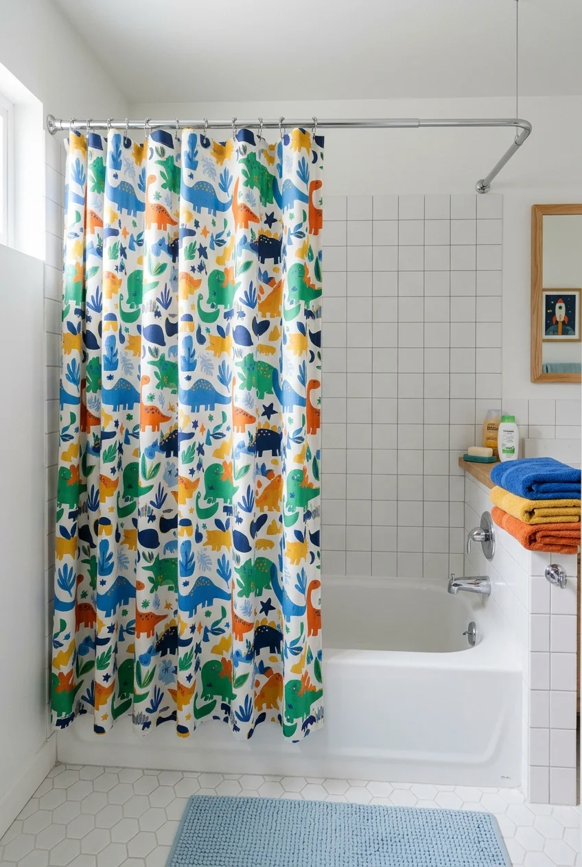 Patterned shower curtain providing a replaceable kids bathroom theme