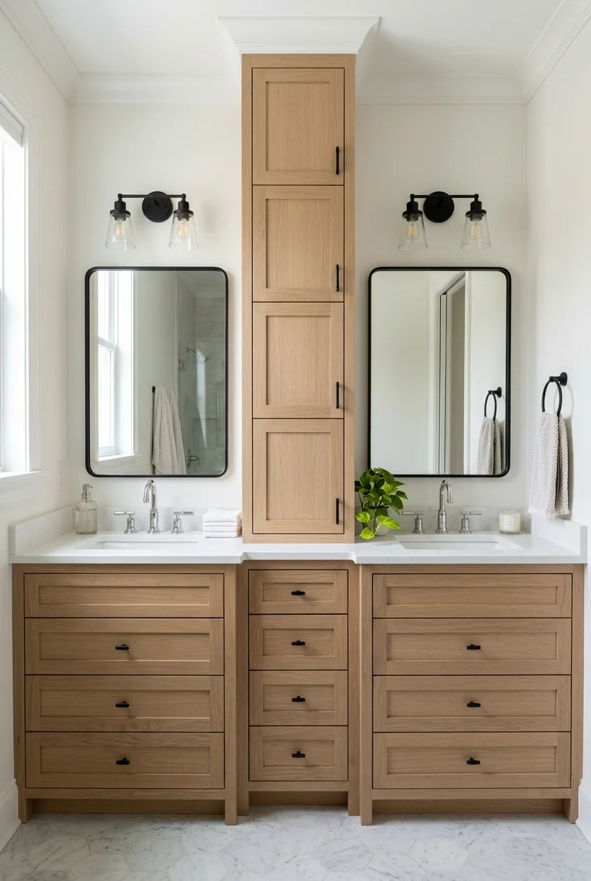 Narrow linen tower dividing two children's sink stations