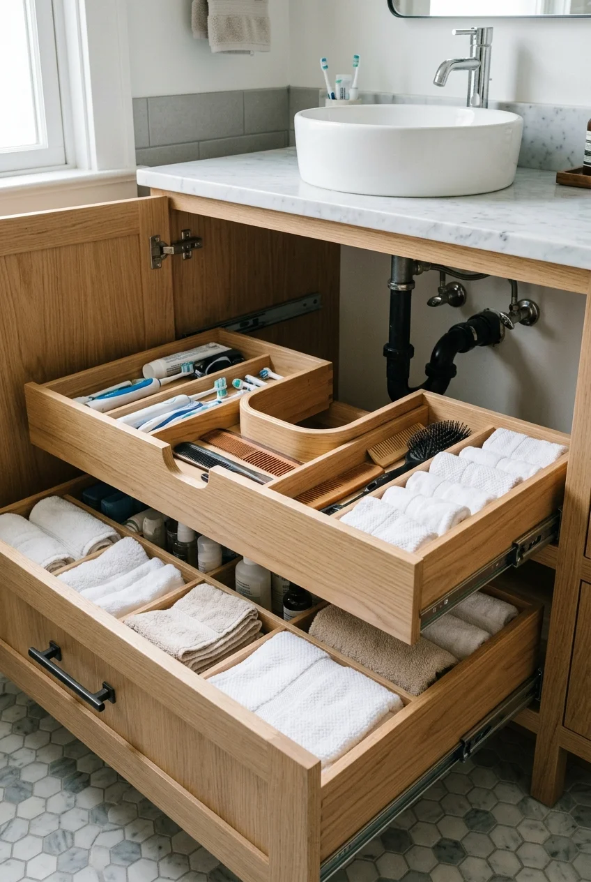Wide divided vanity drawers organizing children's bathroom supplies