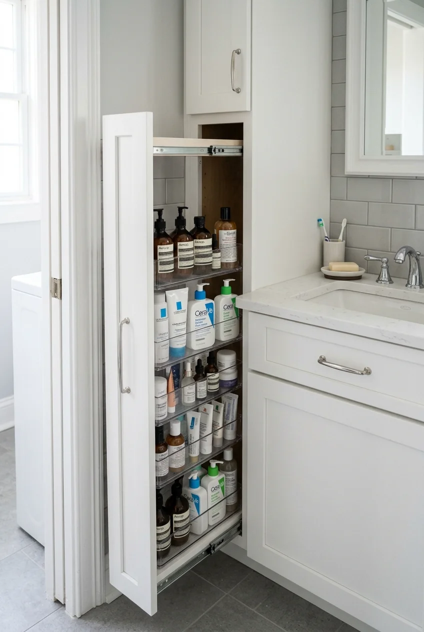 Narrow vanity pullout beside sink plumbing
