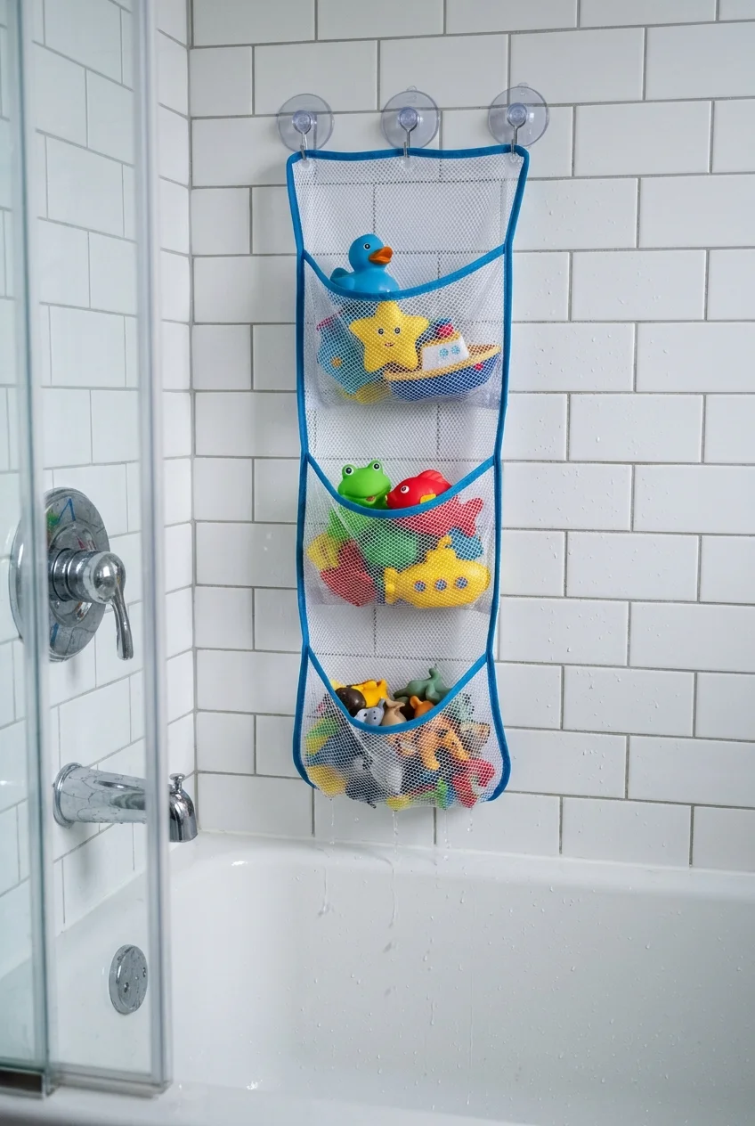 Draining mesh organizer keeping bath toys off the tub floor