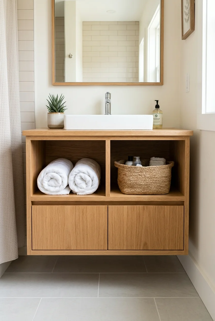 Vanity combining open towel cubbies and closed drawers
