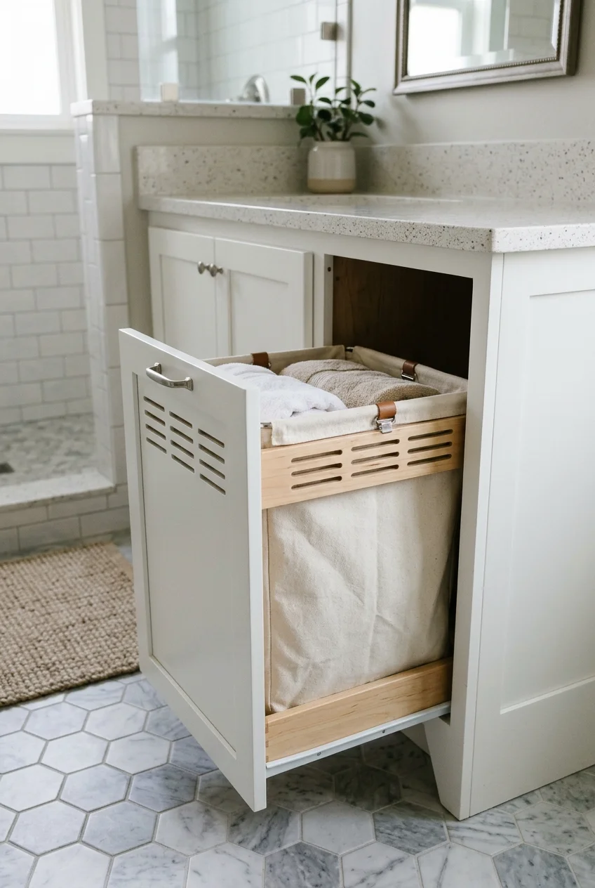 Ventilated built-in hamper at the end of a bathroom vanity