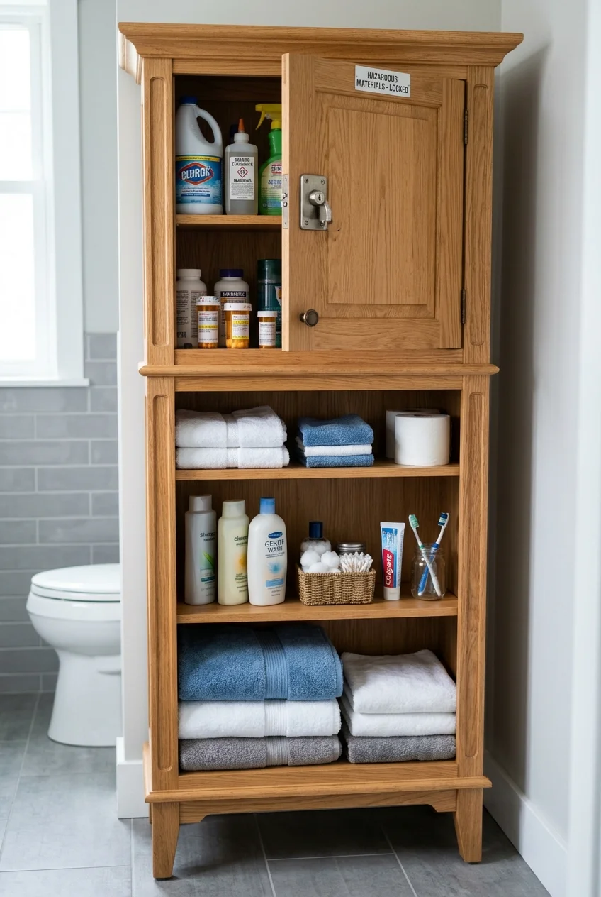 High lockable bathroom cabinet separating hazardous supplies
