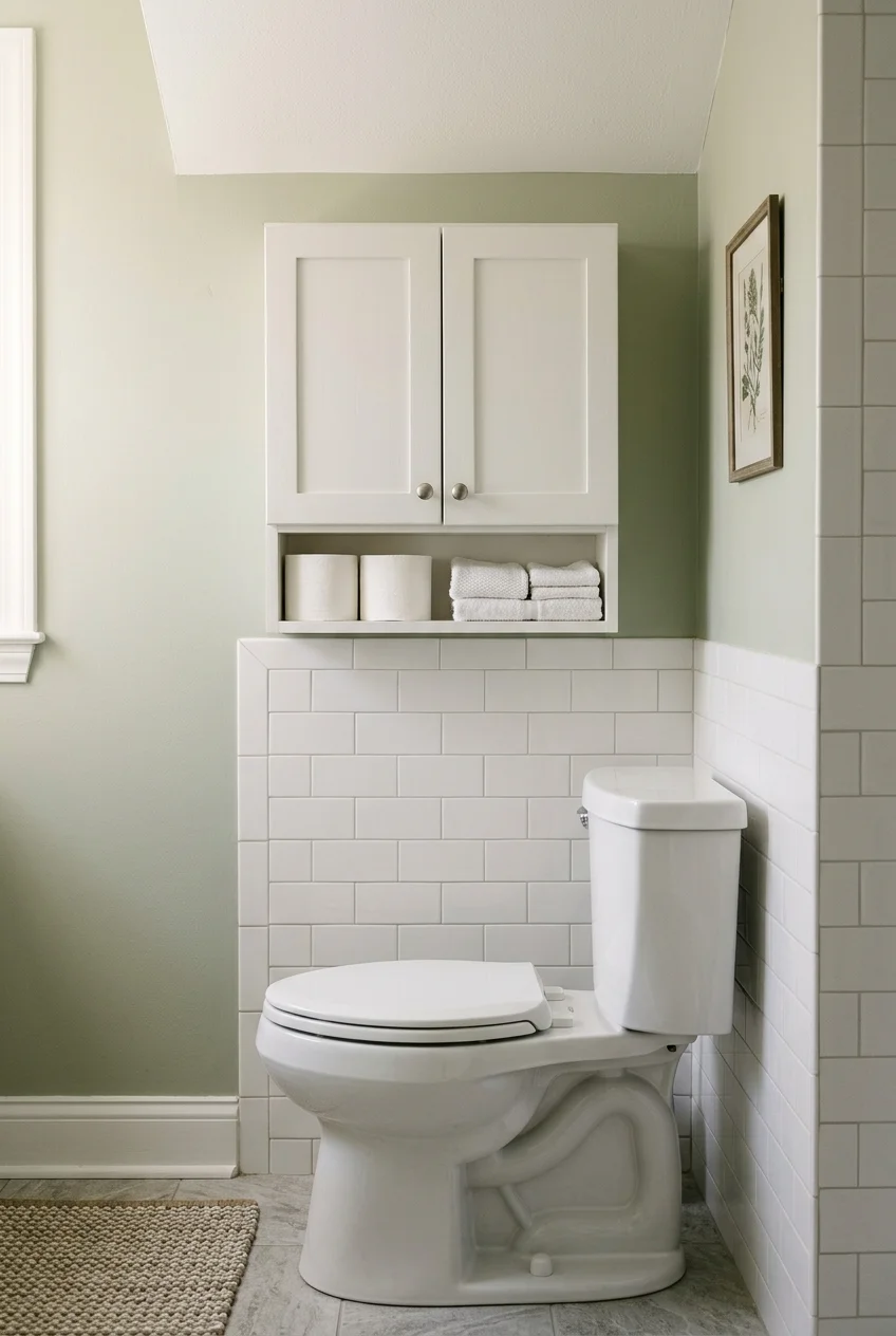 Shallow closed storage cabinet mounted above a toilet