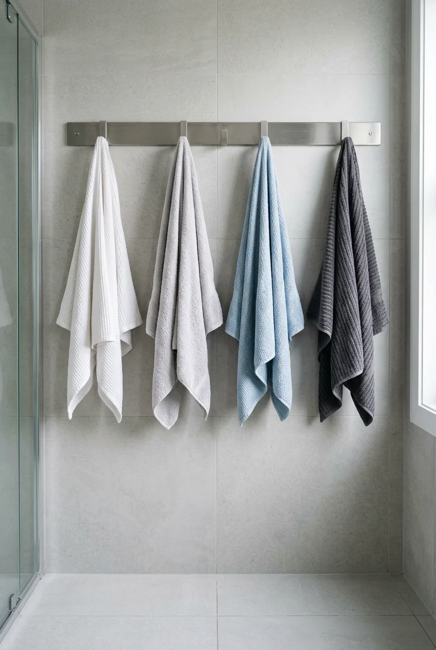 Individual towel hooks spaced along a shared bathroom rail