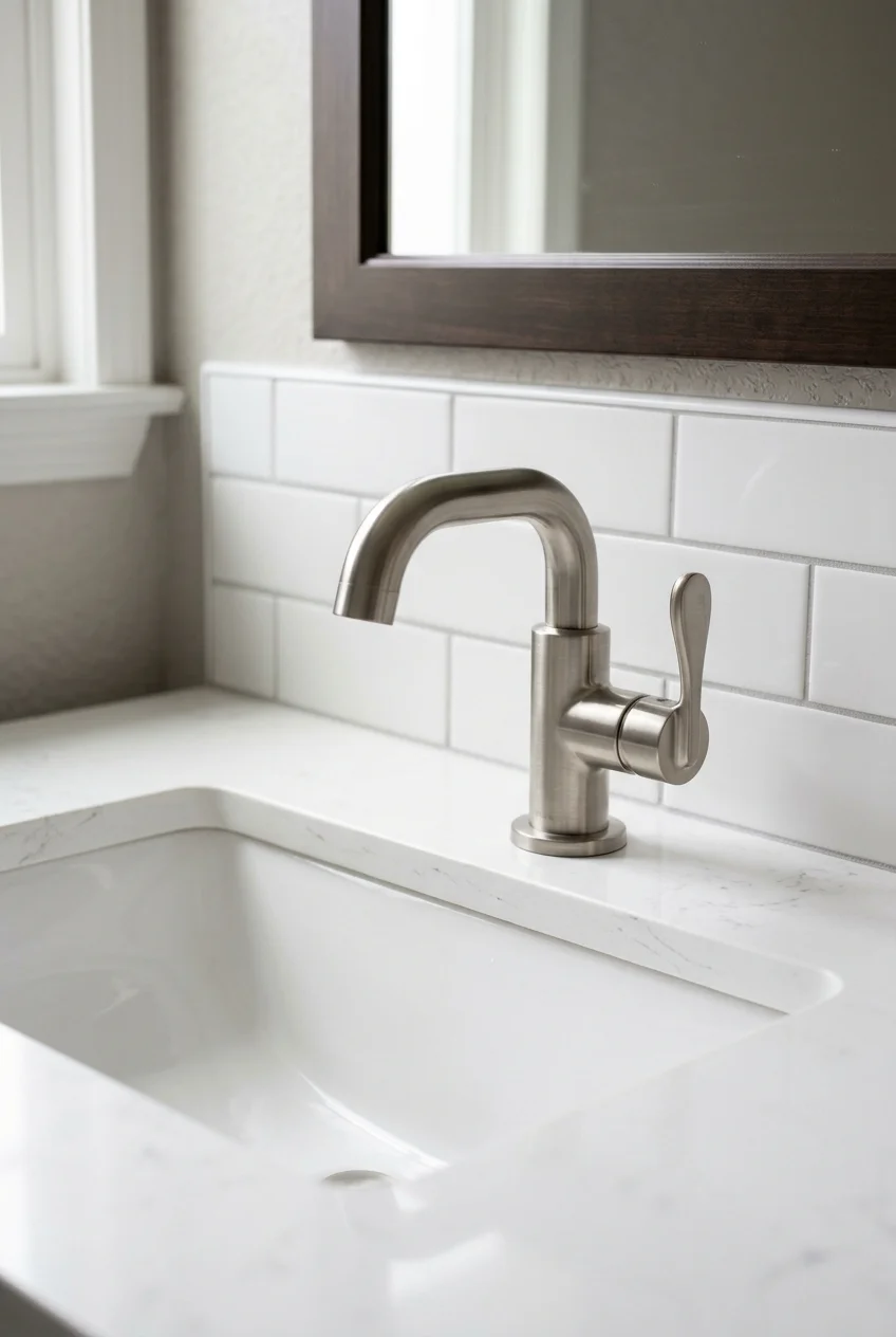 Easy-grip lever faucet fitted correctly over a bathroom sink