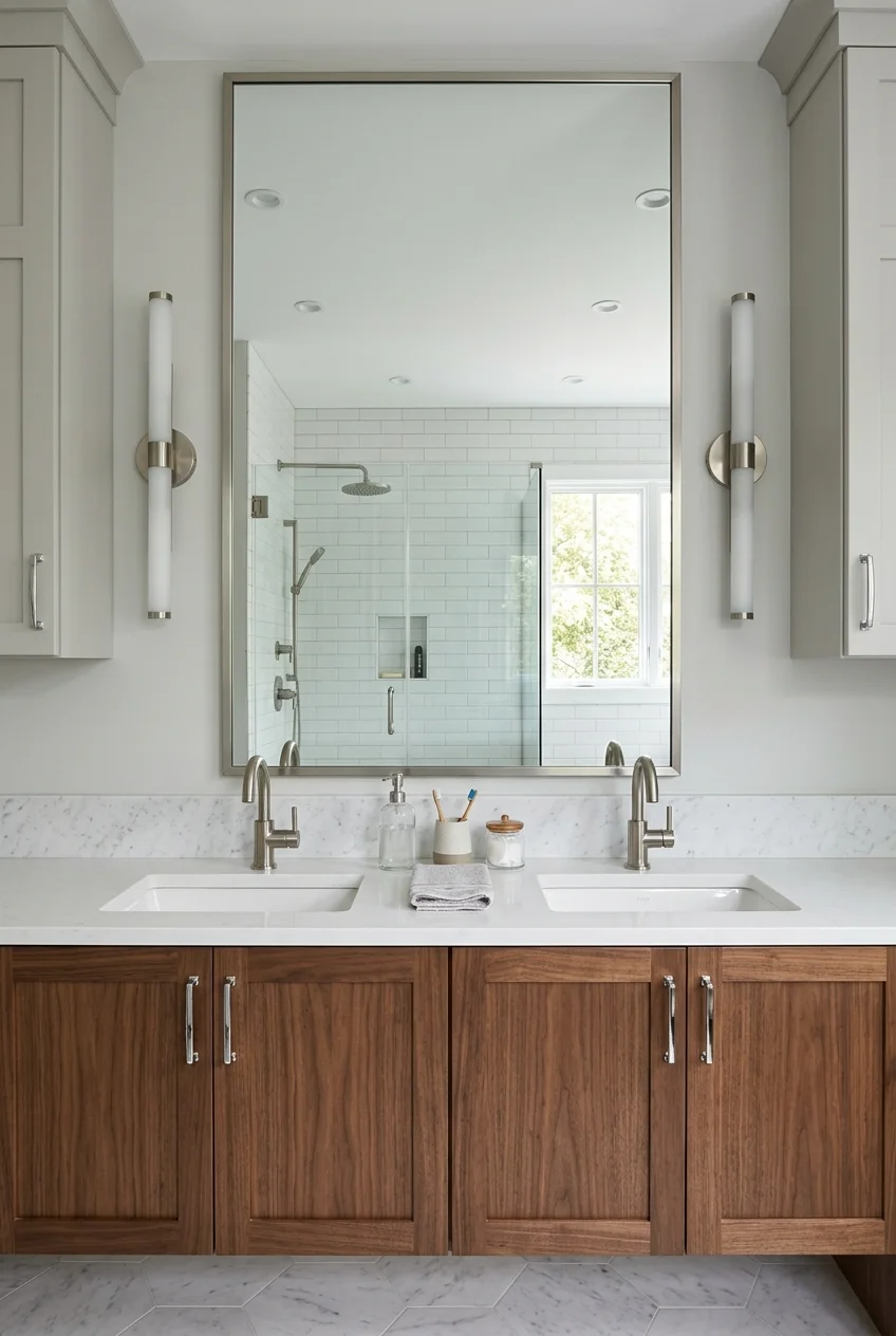 Tall bathroom mirror with a low edge for children