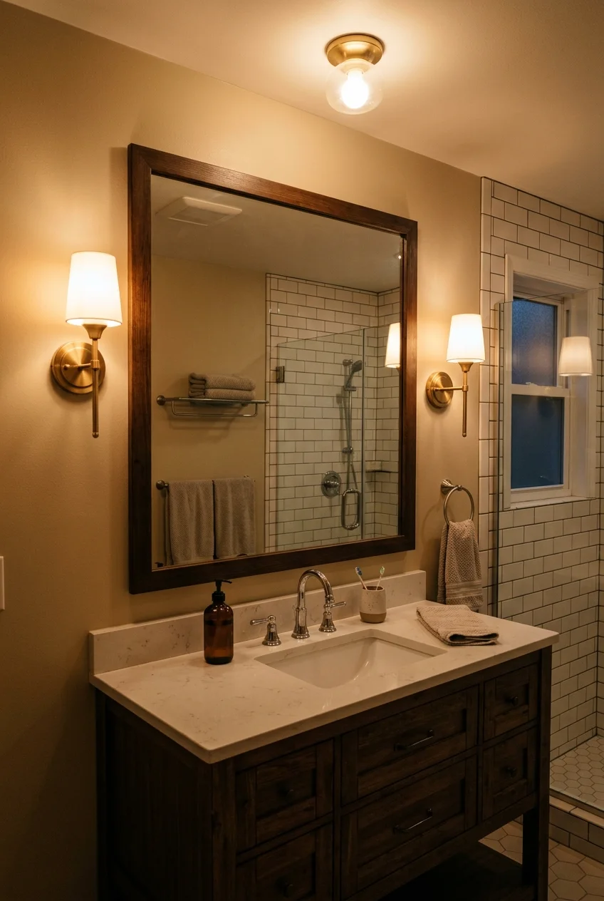 Layered ceiling and vanity lighting in a kids bathroom