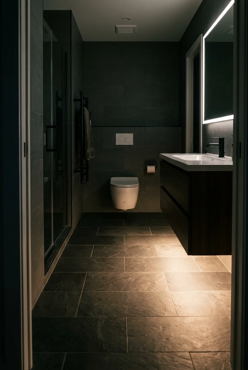 Low night lighting guiding the route through a kids bathroom