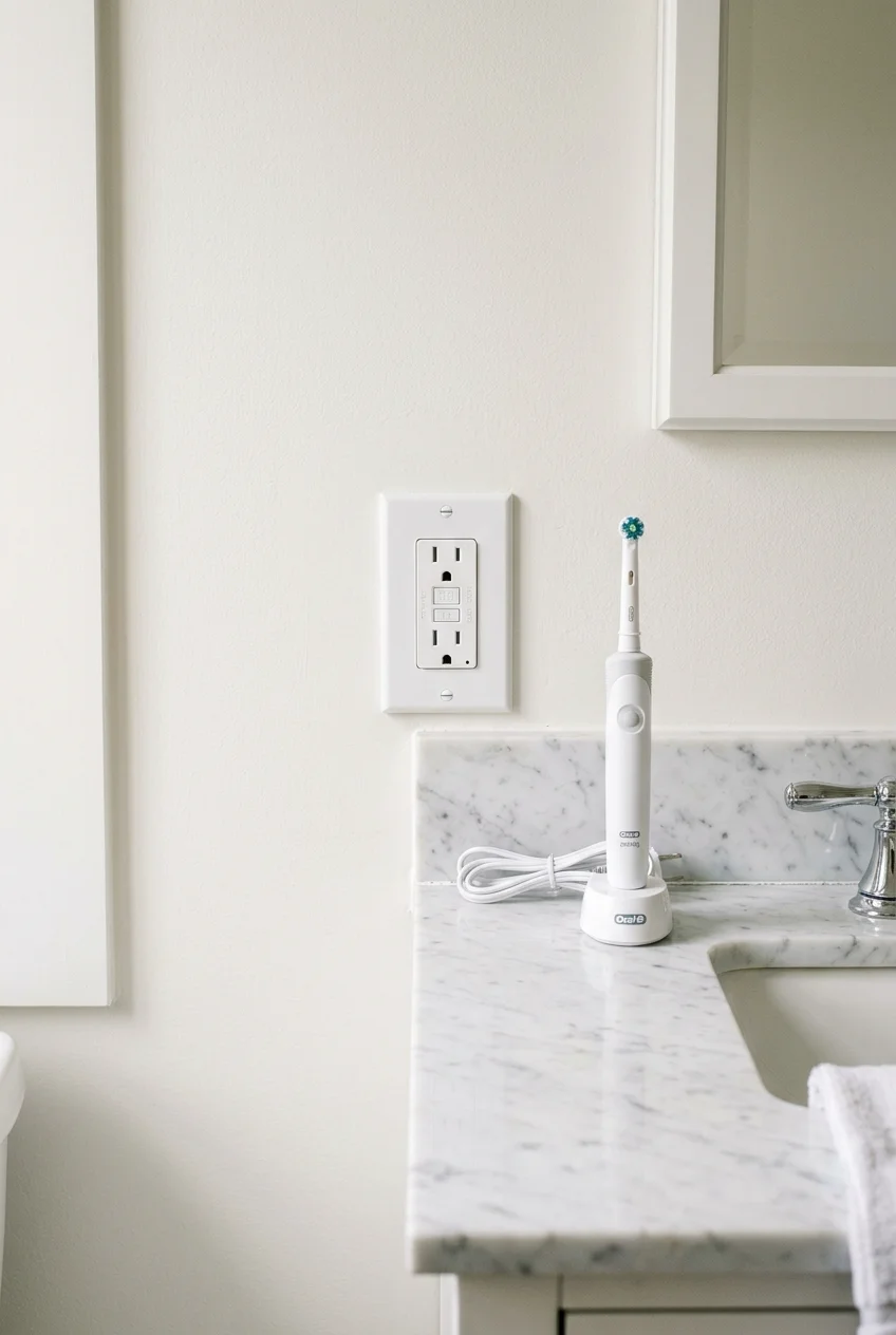 GFCI-protected bathroom outlet placed away from sink splash