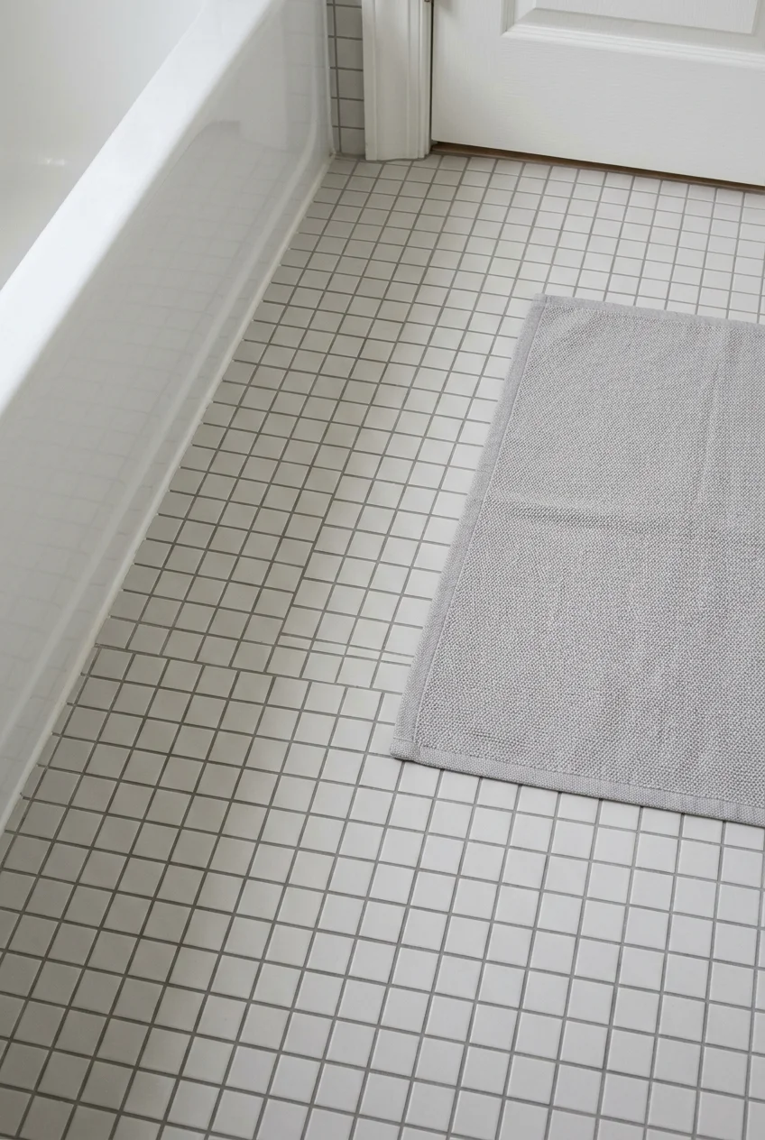 Wet-use bathroom flooring with a flat mat outside the tub