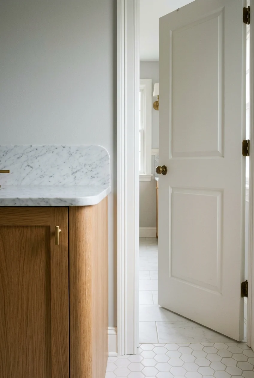 Rounded vanity corner beside a kids bathroom walkway