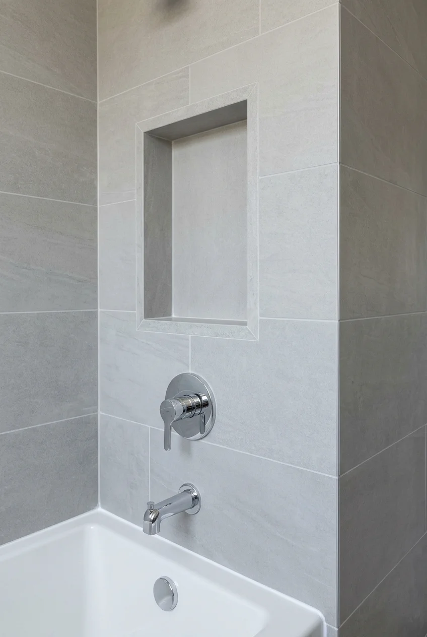 Finished tiled shower with carefully resolved edges and penetrations