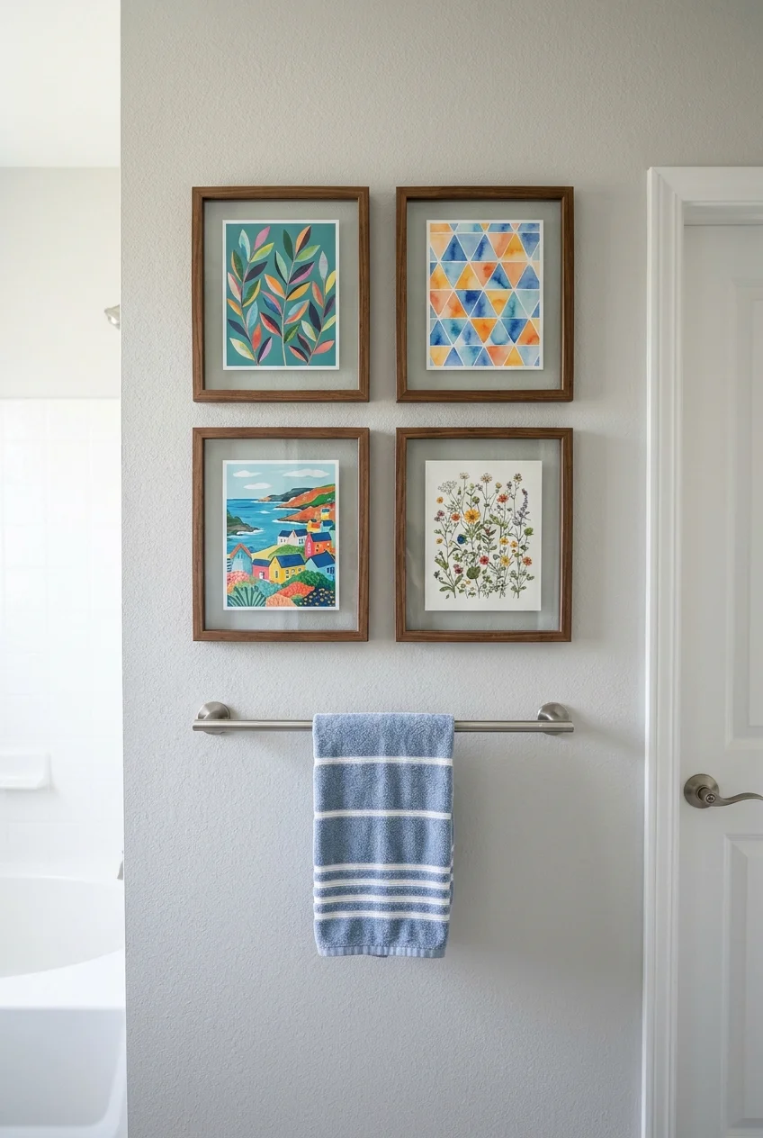 Changeable framed art grid in a kids bathroom