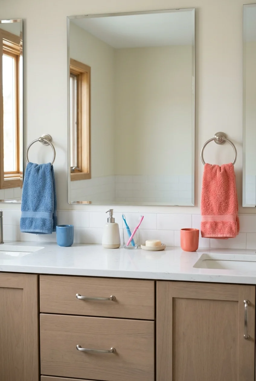 Sibling bathroom stations identified by separate accent colors