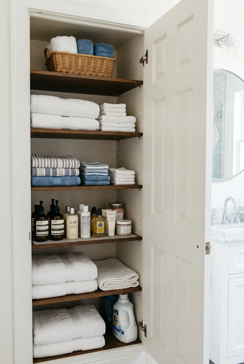 Adjustable linen cabinet shelves for changing bathroom storage needs