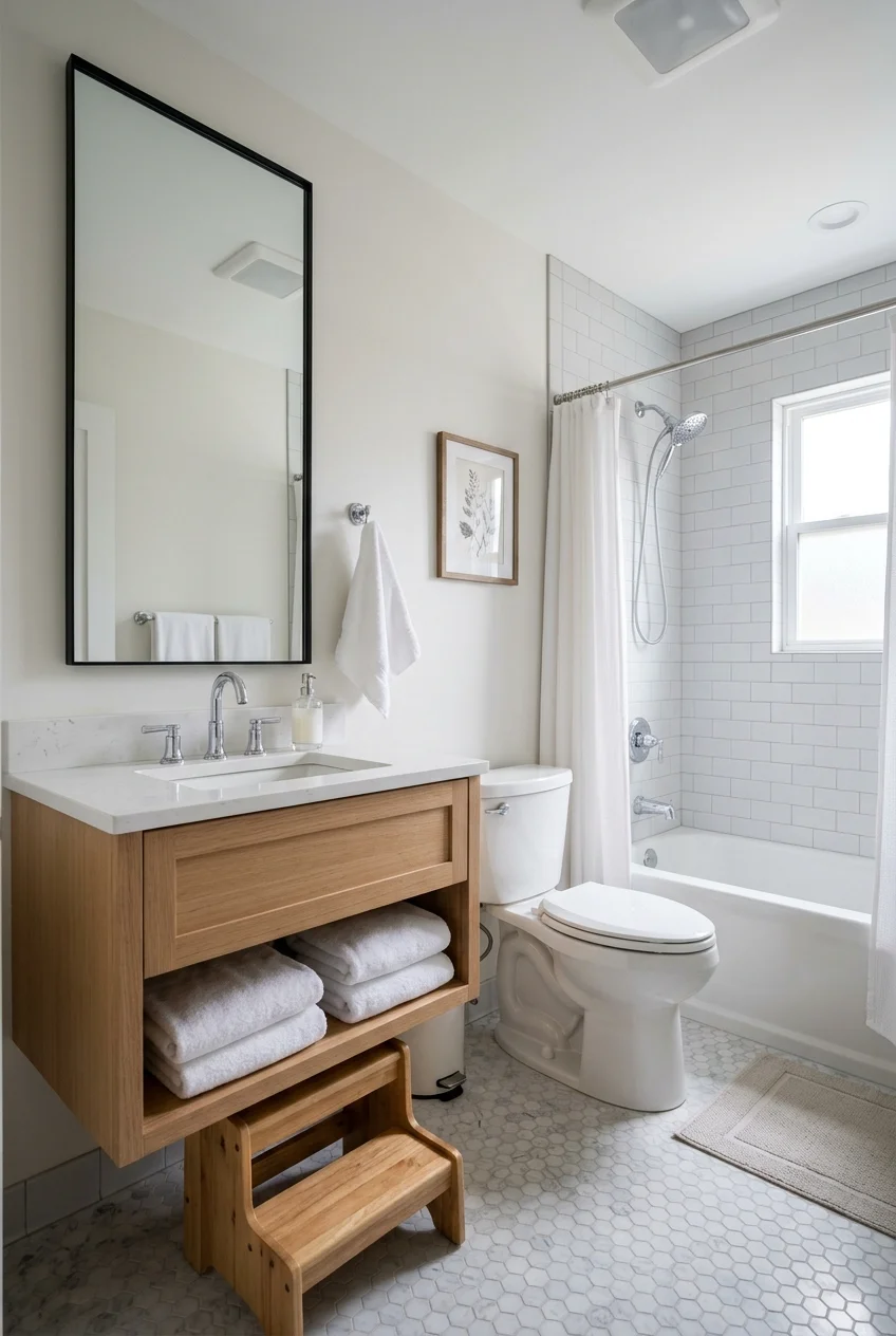 Adult-sized bathroom fixtures adapted with removable child reach aids