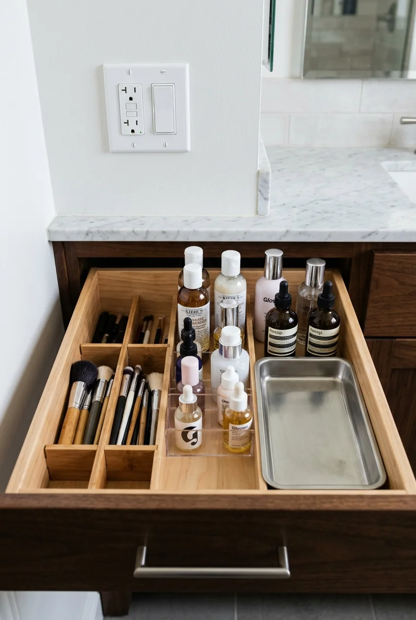Teen-ready vanity drawer with flexible grooming storage
