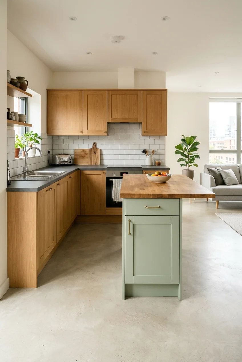 Compact square pale green peninsula defining an open kitchen