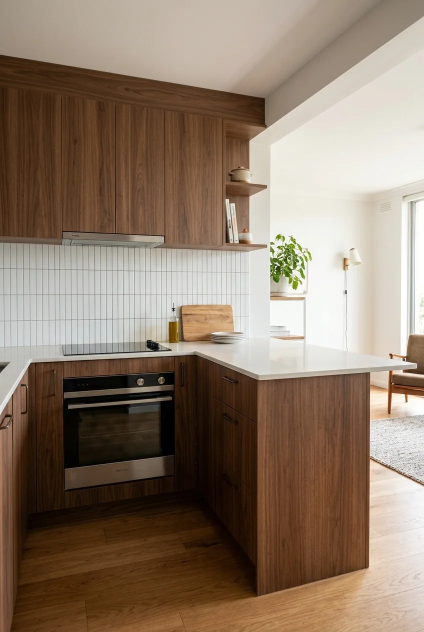 One-wall walnut kitchen extended with a short peninsula