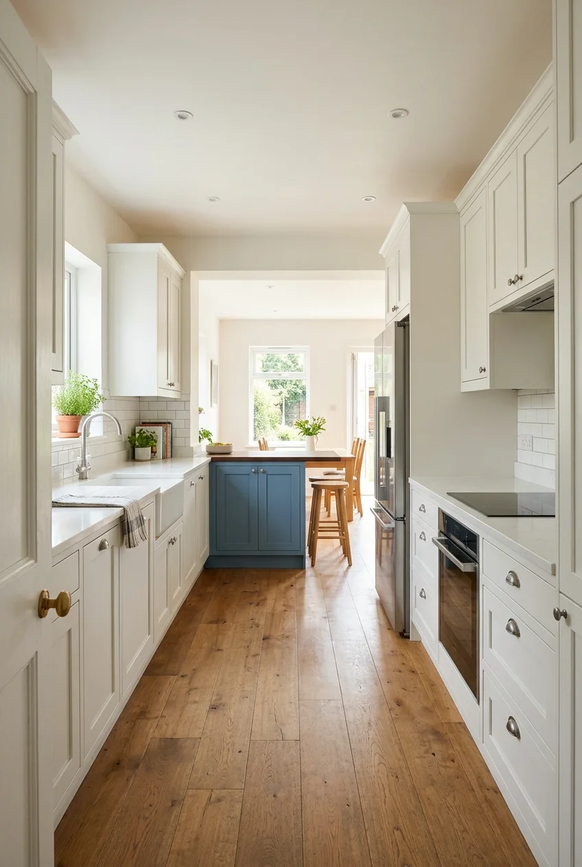 Shallow blue peninsula at the end of a galley kitchen