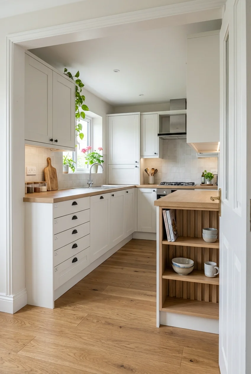 Short peninsula opening the entry to a U-shaped kitchen