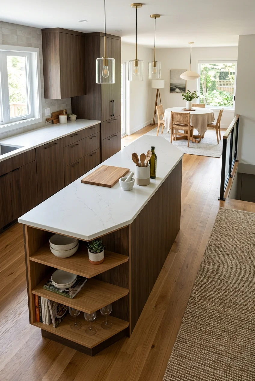 Angled peninsula guiding traffic through an open kitchen