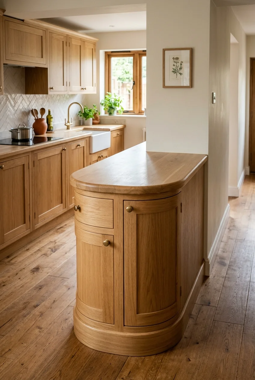 Kitchen peninsula with a coordinated rounded outer corner