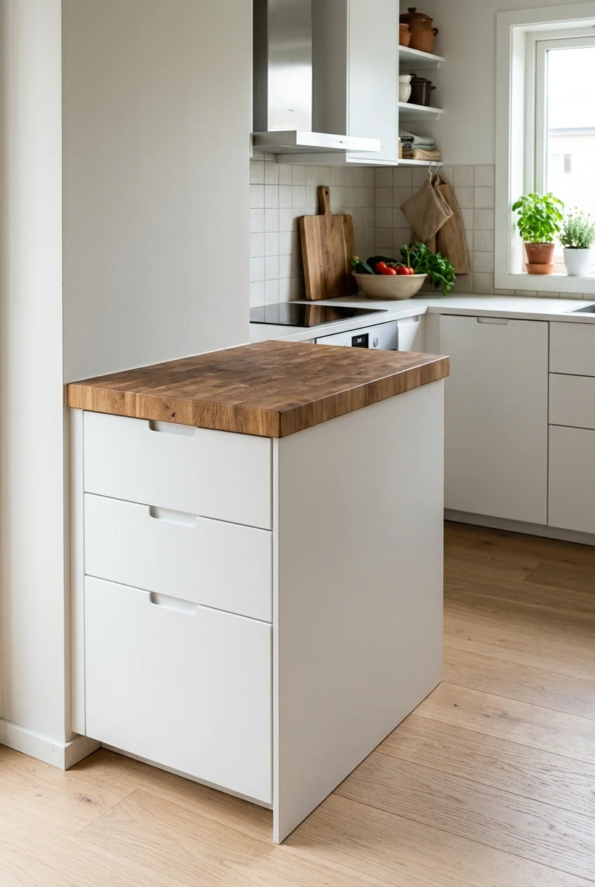 Narrow prep-only peninsula with inward-facing drawers