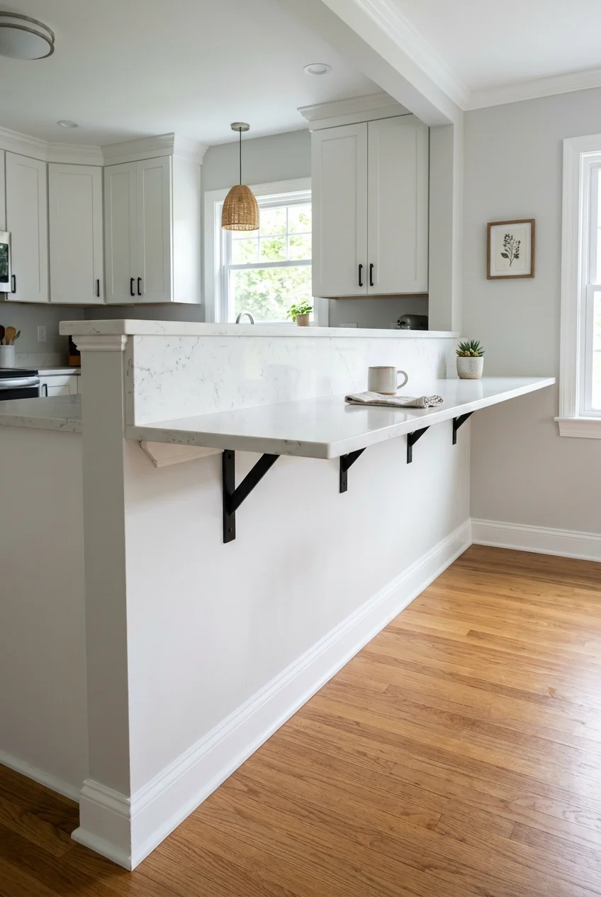 Half-wall capped with a wider quartz peninsula counter