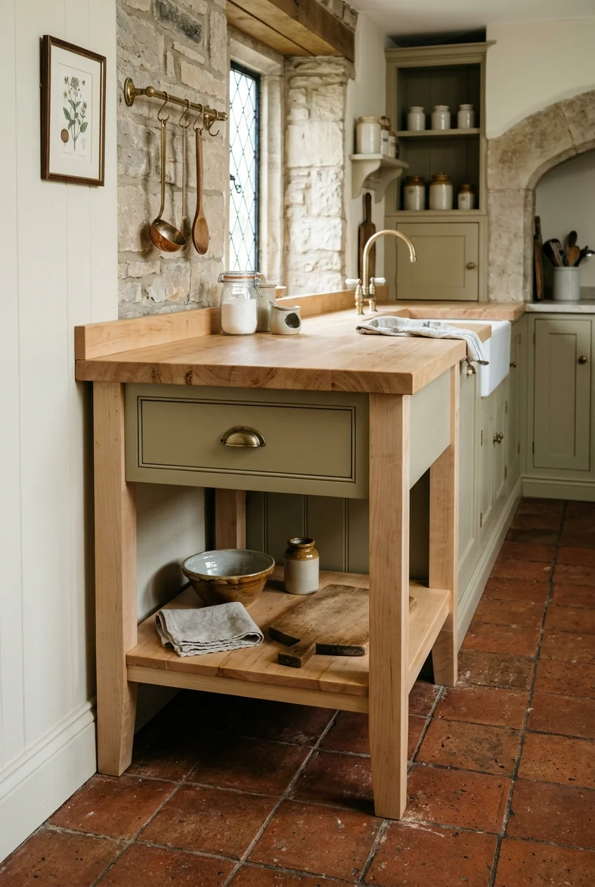 Open-frame maple peninsula in a traditional kitchen