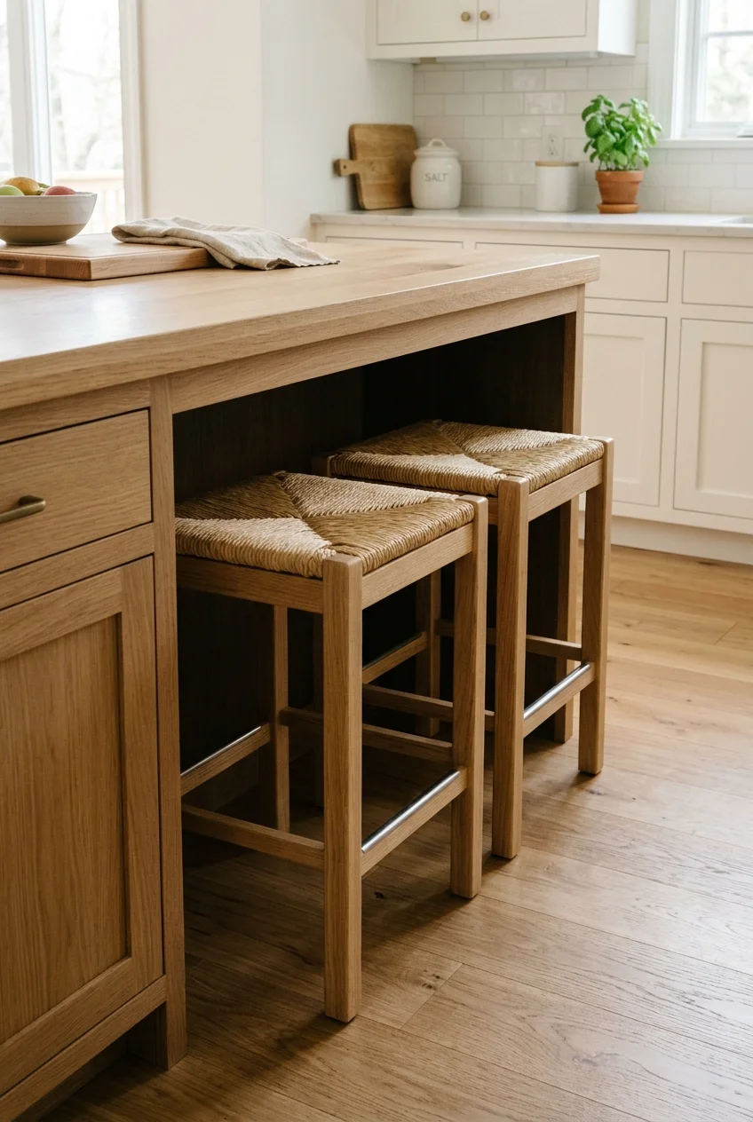 Backless rush-seat stools tucked under an oak peninsula
