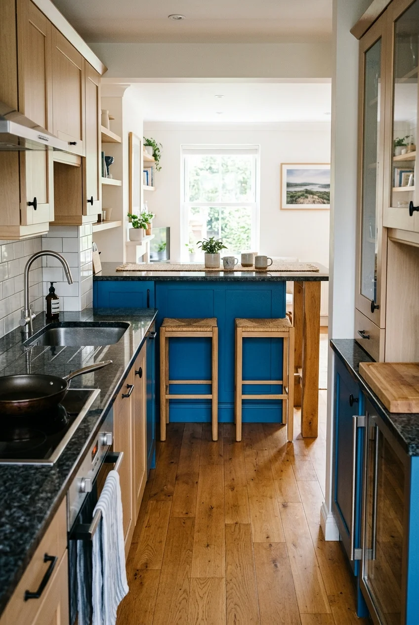 Two stools positioned at the open end of a blue peninsula