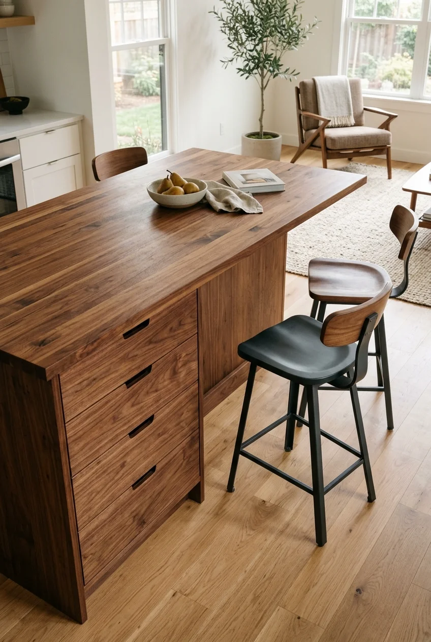 Corner-wrapped seating on a walnut kitchen peninsula