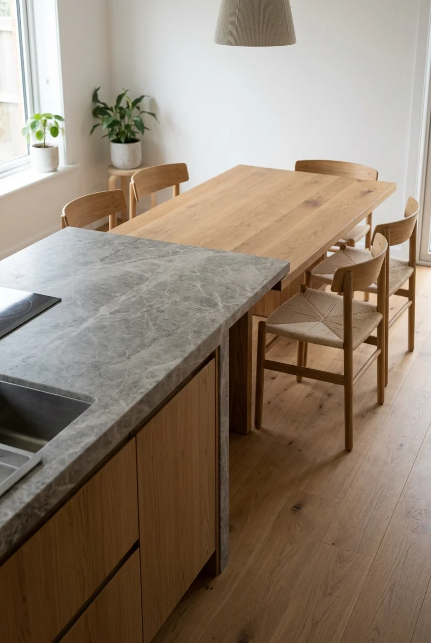 Dining-height oak table attached to a stone peninsula