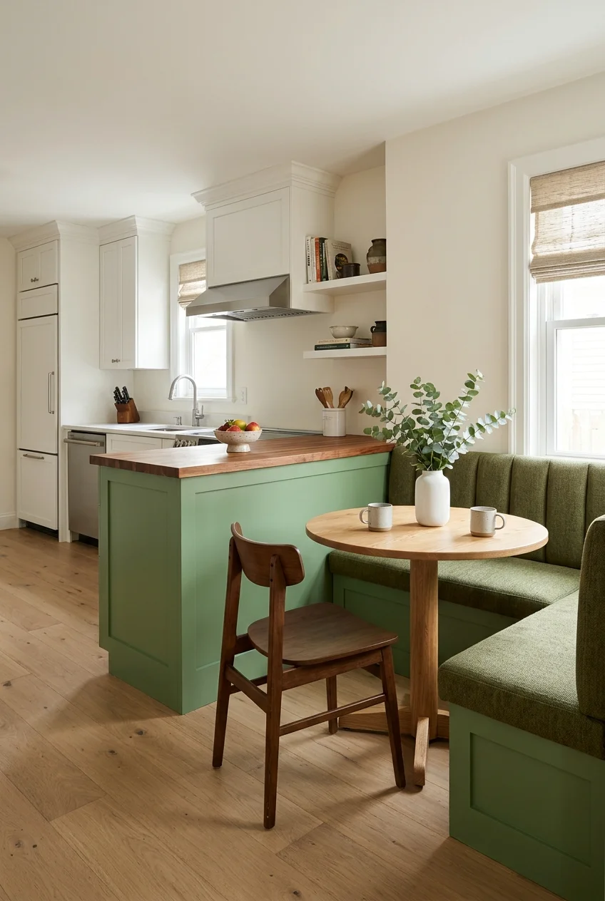 Green peninsula connected to a compact banquette nook