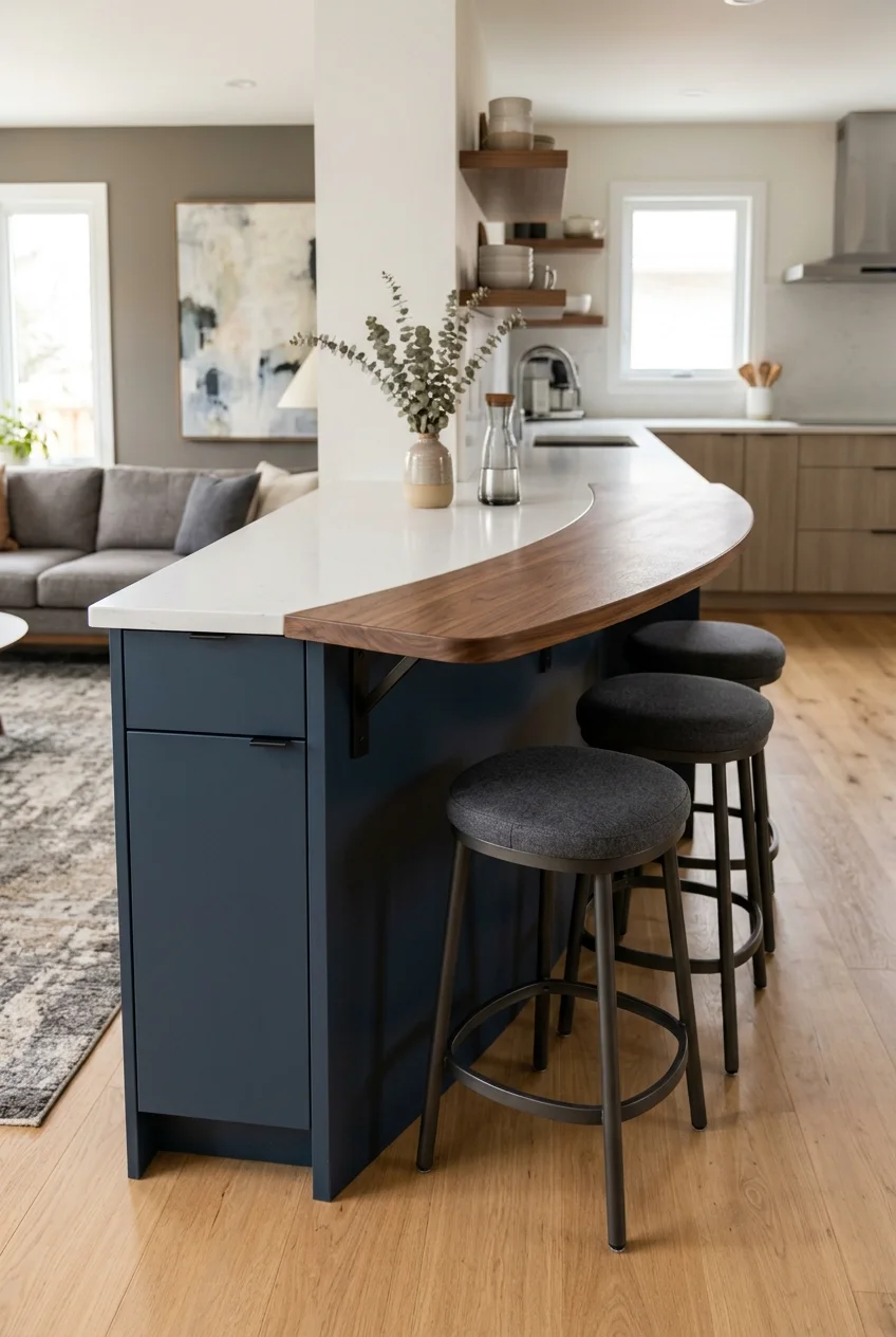 Curved walnut seating edge on a straight kitchen peninsula