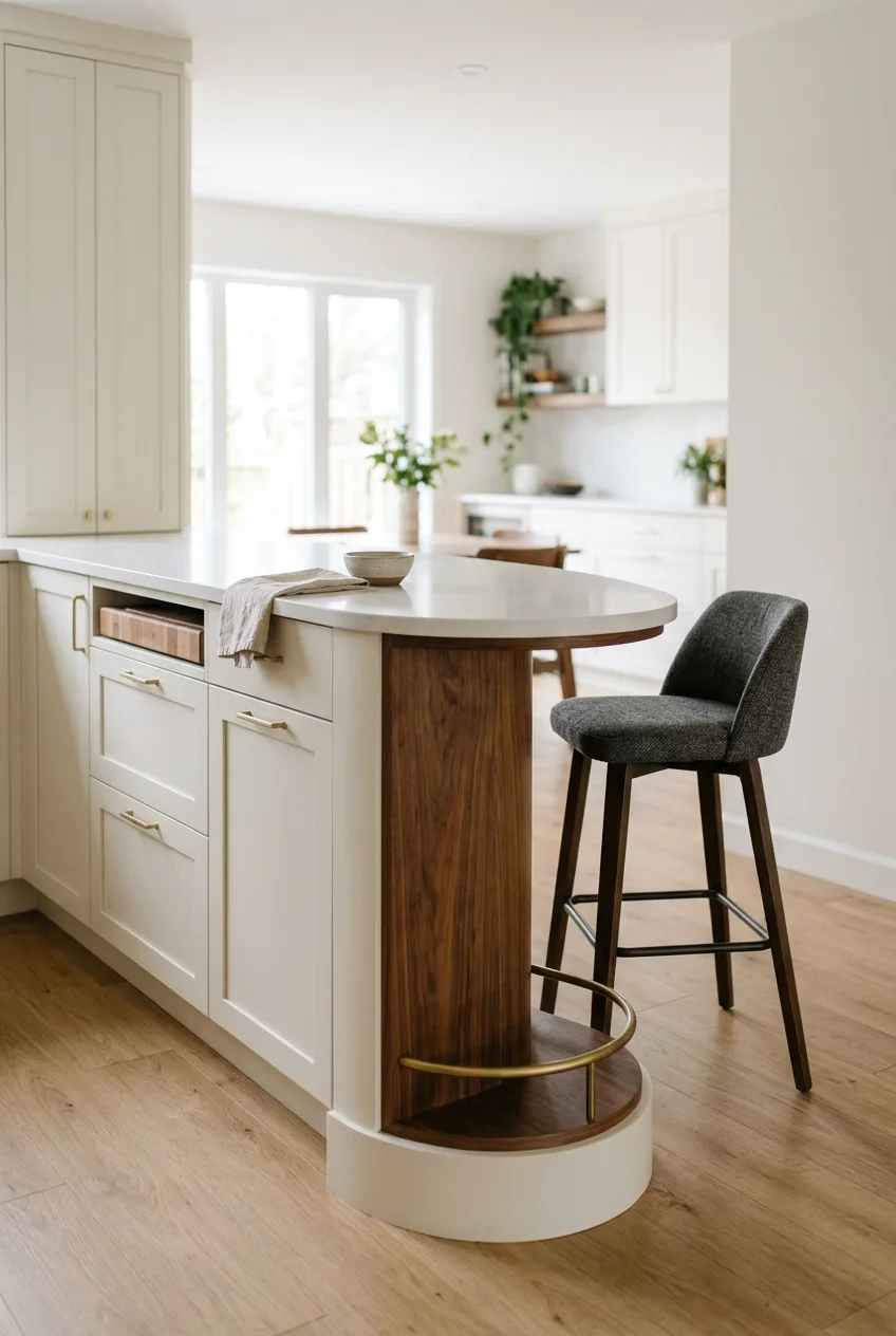 Single seating perch at the tip of a cream peninsula