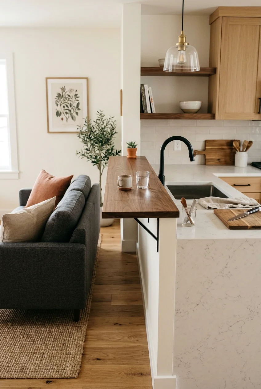 Raised walnut ledge screening a lower peninsula worktop
