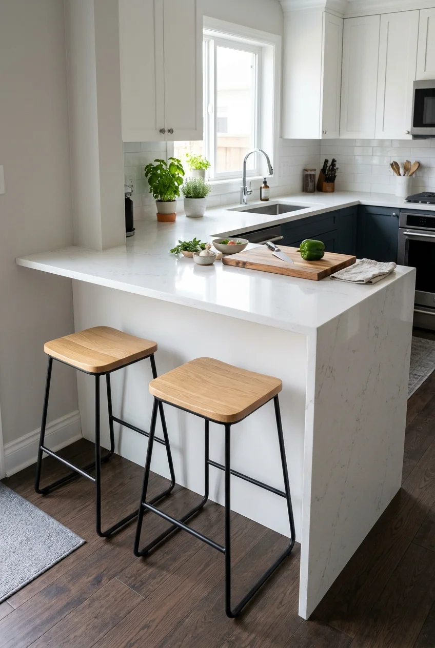Single-level quartz peninsula with separate seating and prep zones
