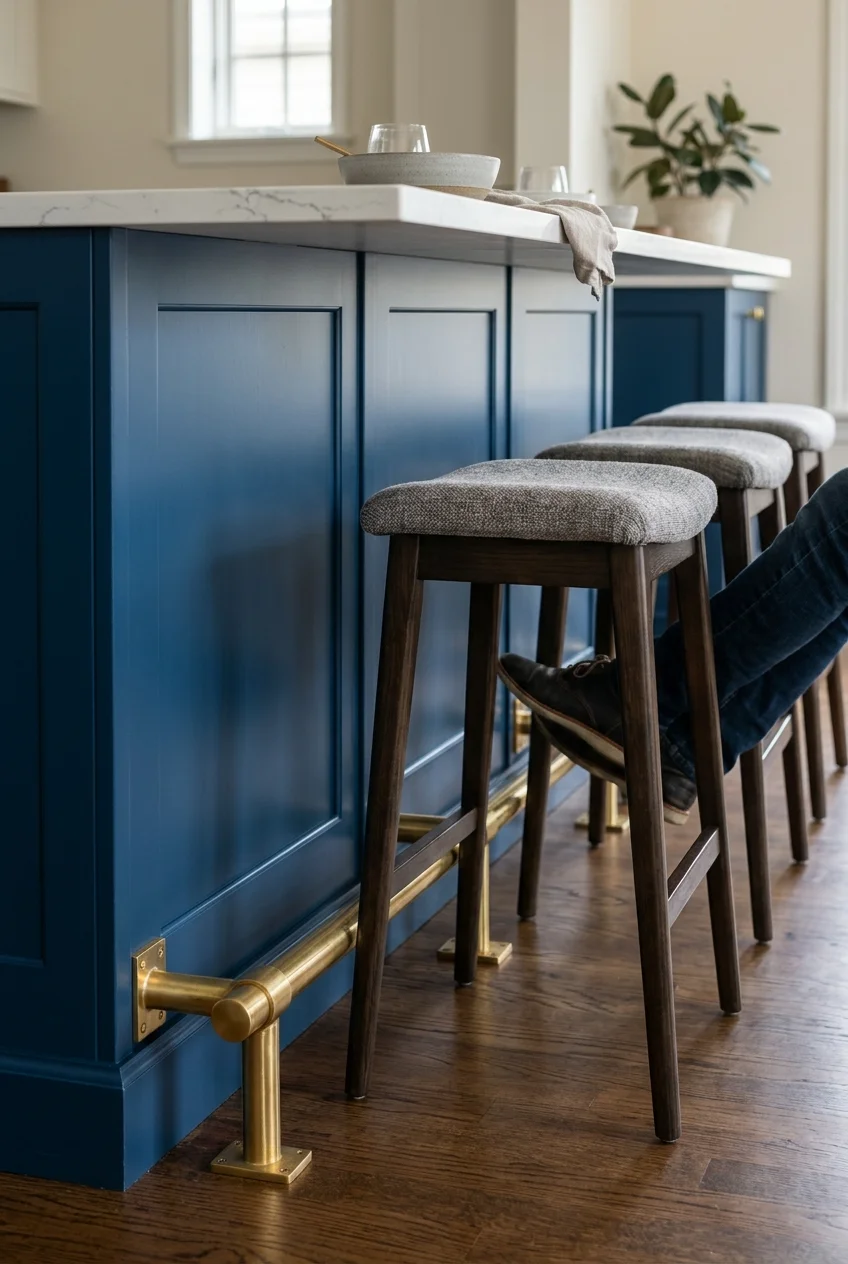 Brass foot rail mounted along a blue peninsula seating side