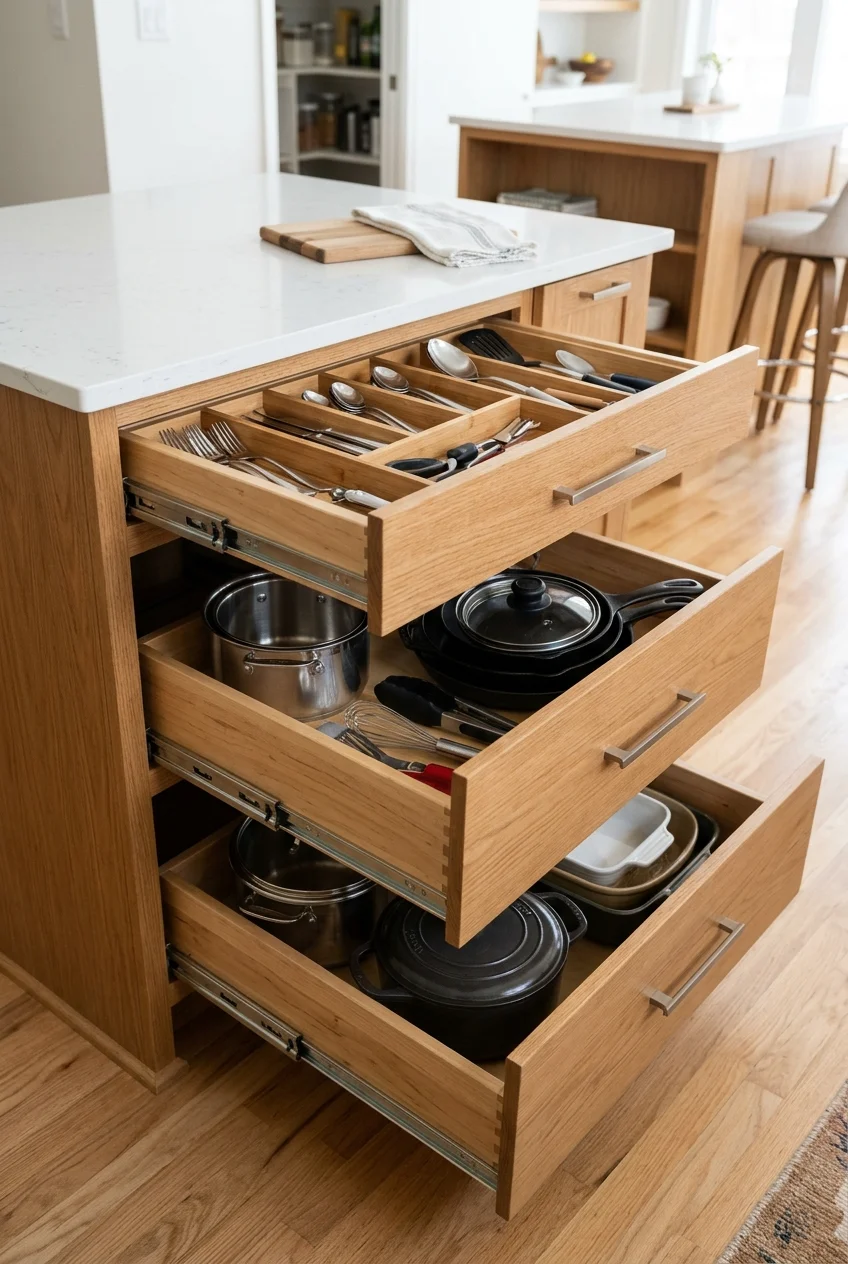 Wide organized drawers on the cooking side of a peninsula