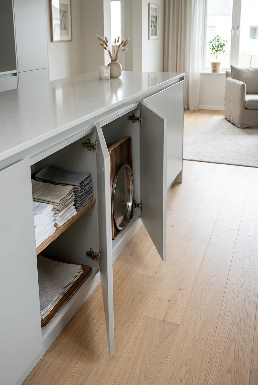 Shallow room-side cabinets built into a peninsula