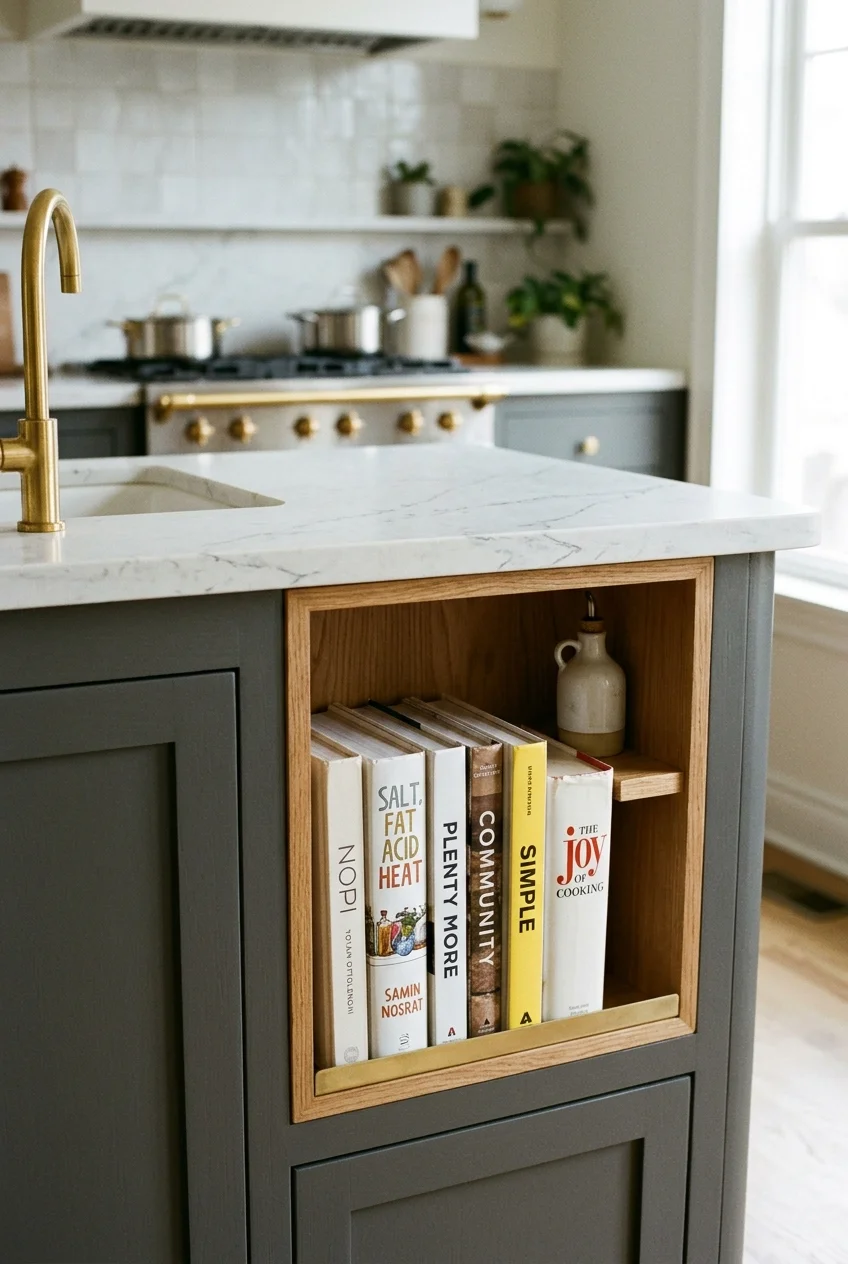 Recessed cookbook shelf in the end of a peninsula