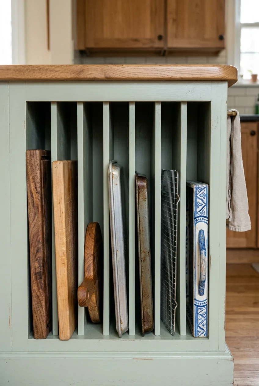 Vertical tray and cutting-board storage in a peninsula