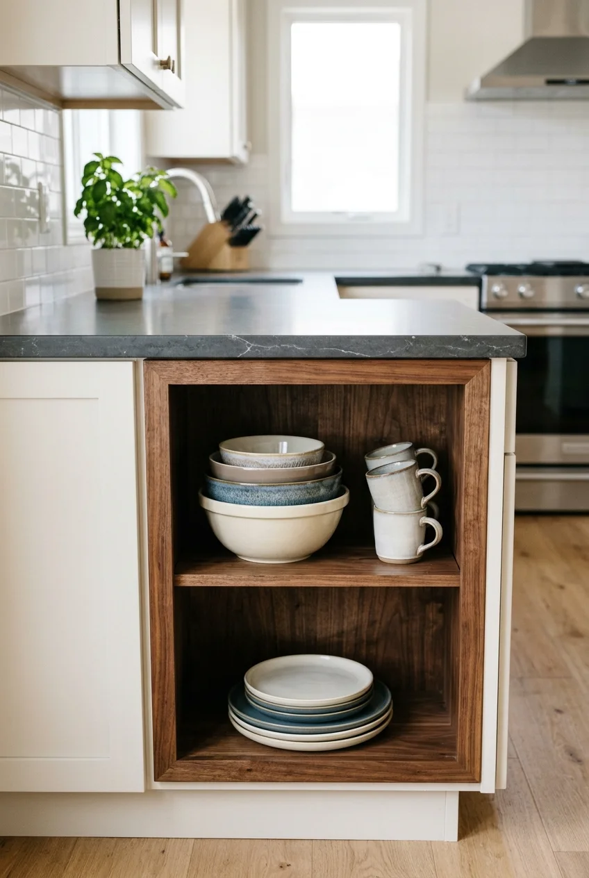 Open peninsula end shelf for bowls and everyday dishes