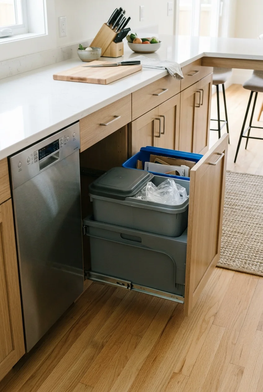 Trash and recycling pullout beside a peninsula prep area