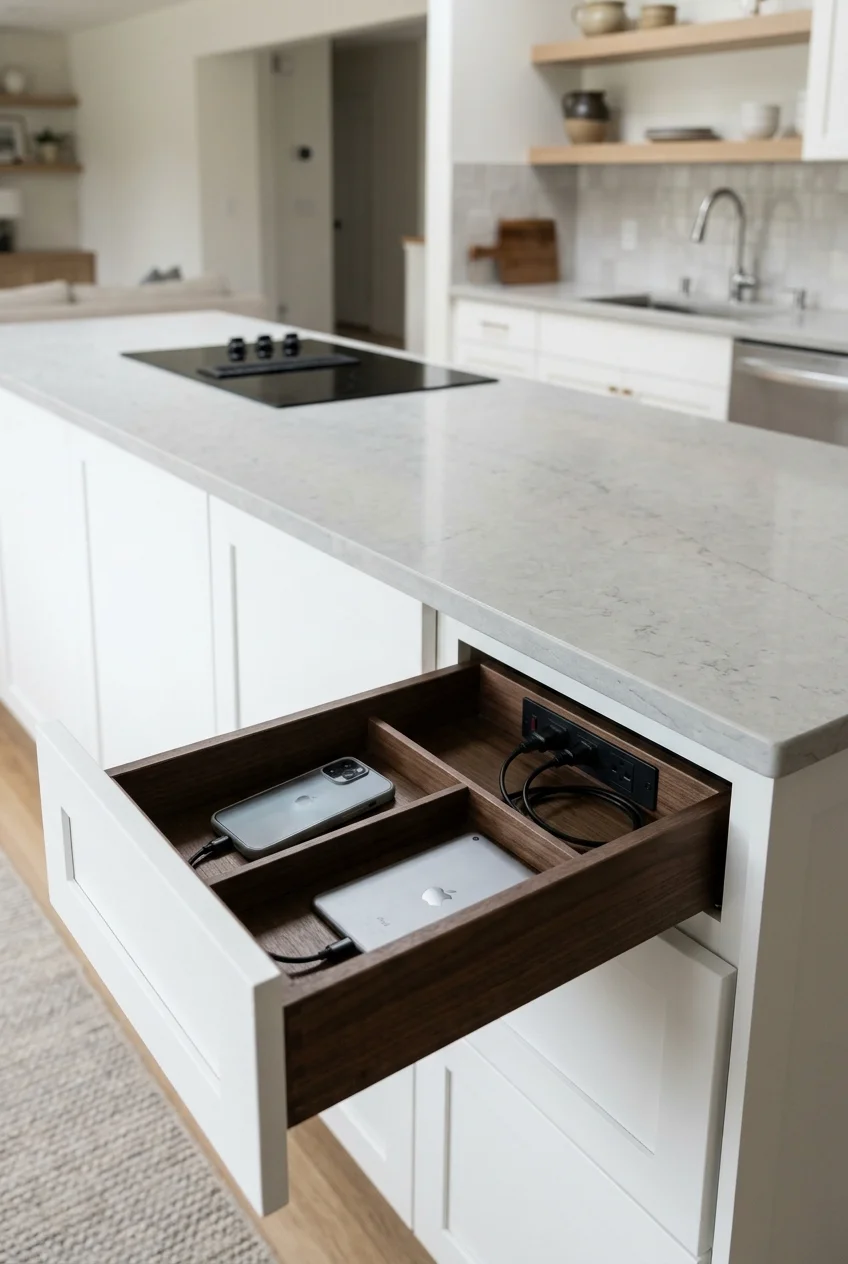 Shallow divided charging drawer in a kitchen peninsula