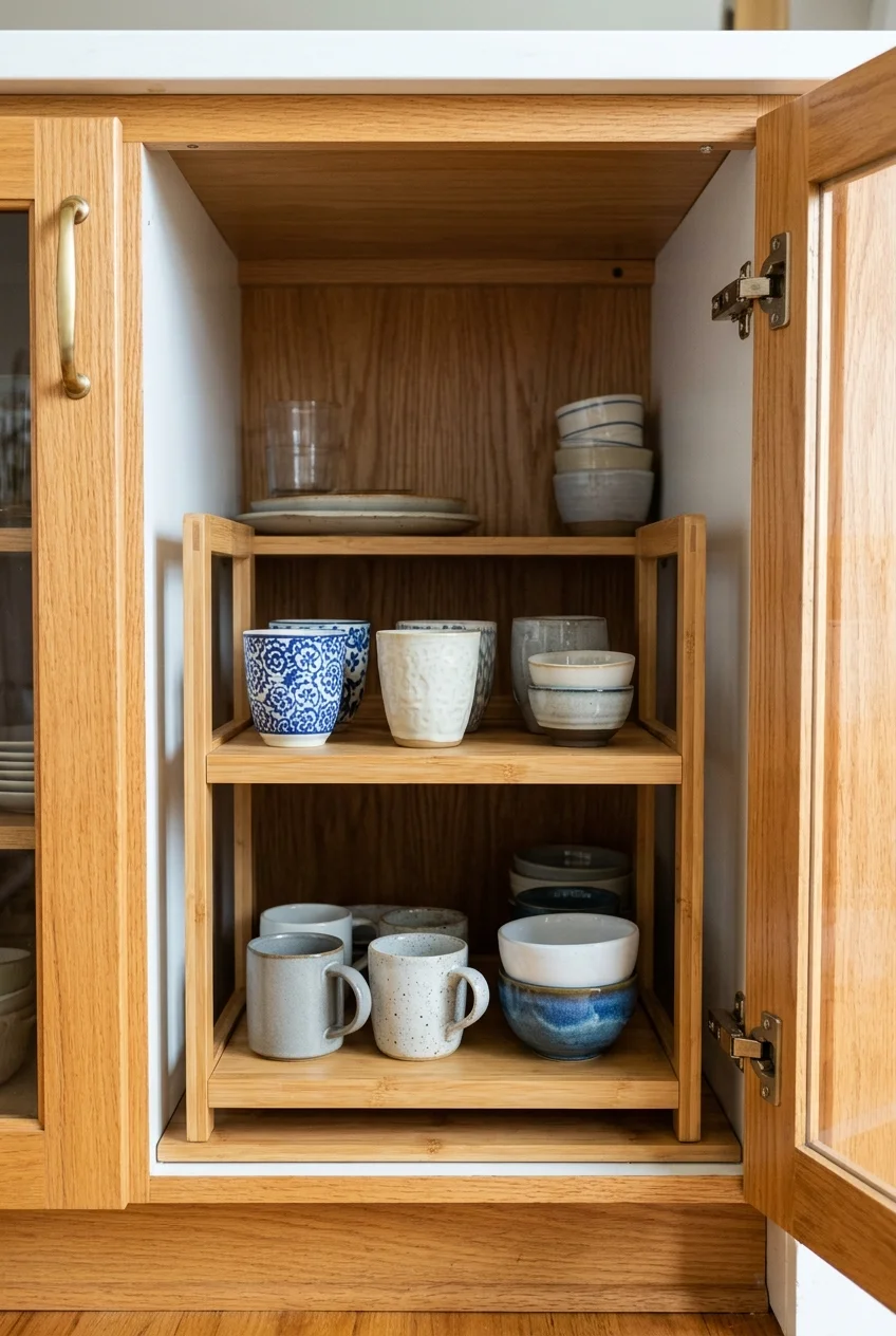 Bamboo shelf insert adding a level inside a peninsula cabinet